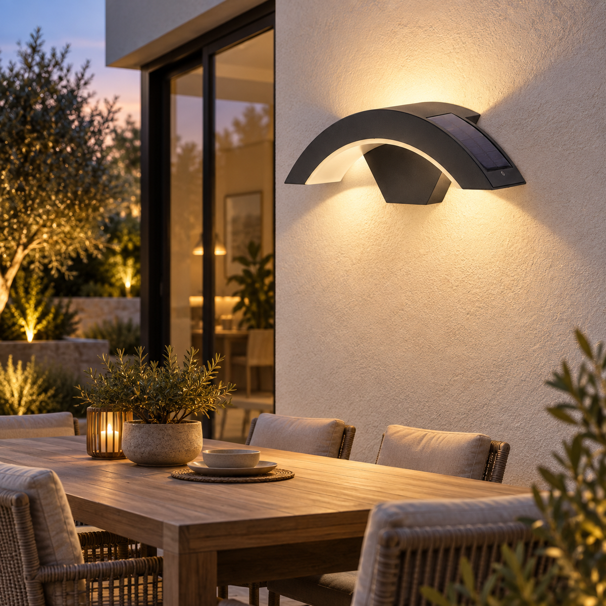 Black arched outdoor wall light on a modern patio