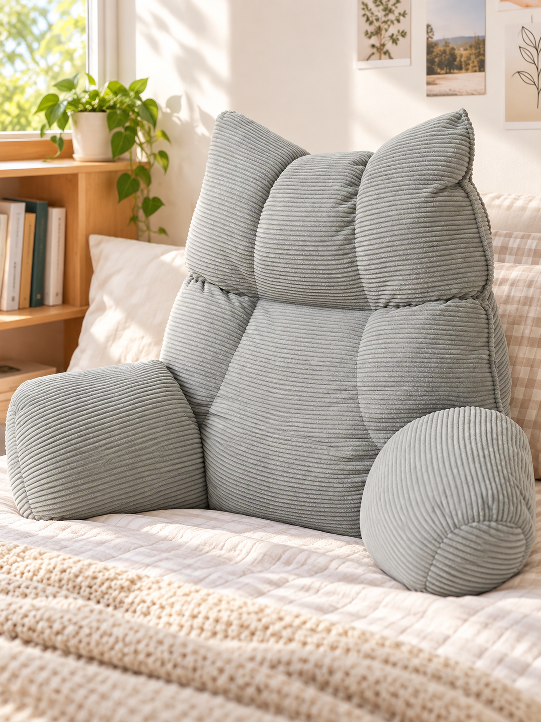 Light gray ribbed bed lounge pillow in a bright dorm-room reading corner