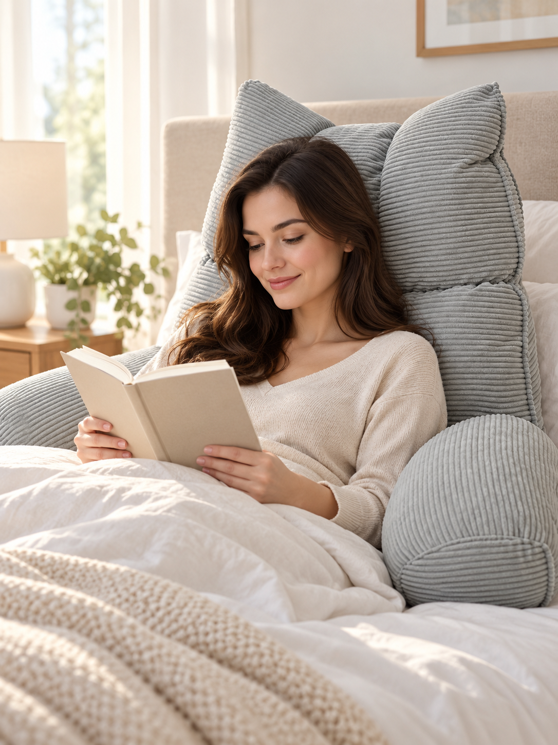 Light gray ribbed bed lounge pillow supporting an adult reading in bed