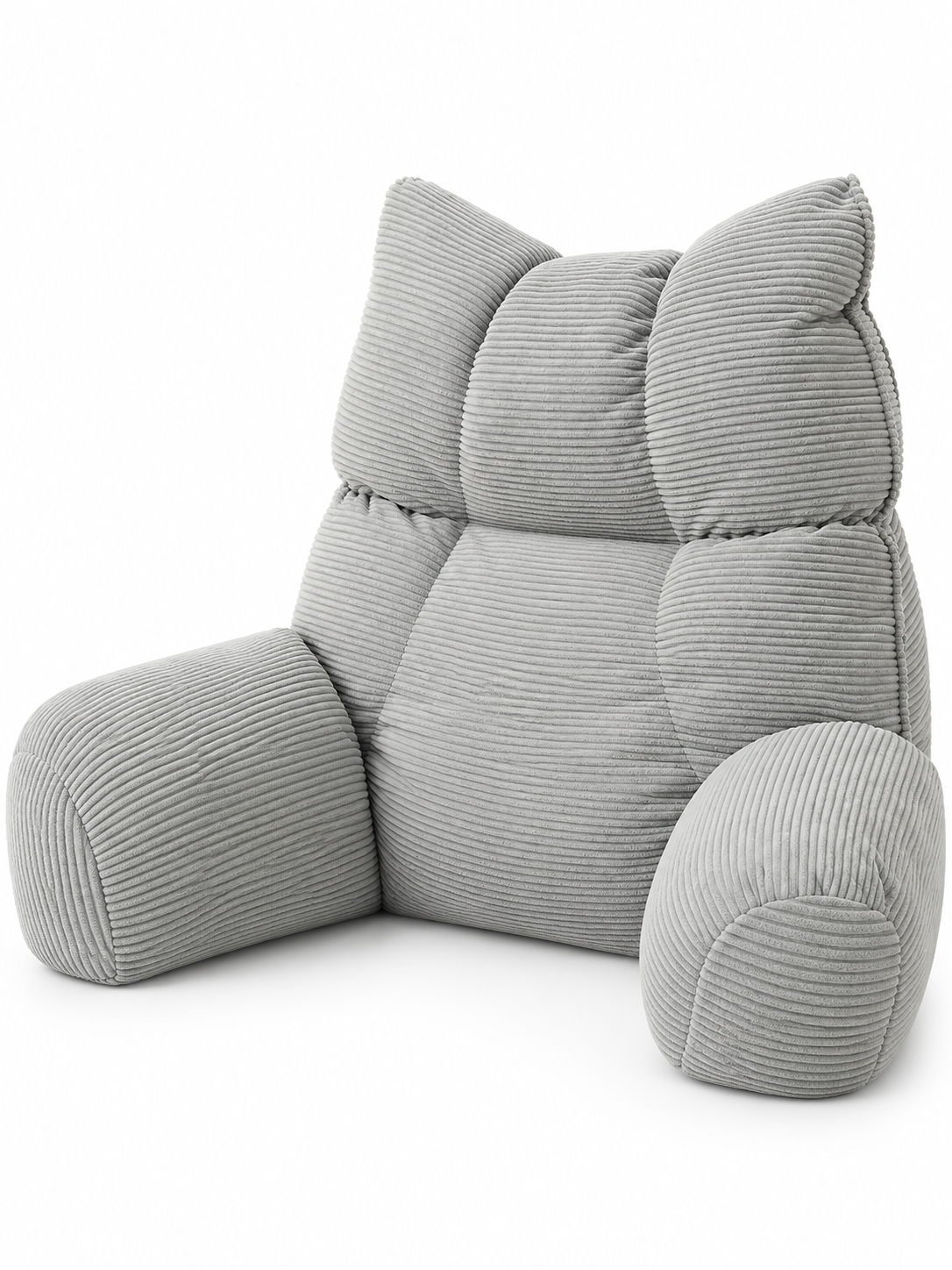 Light gray ribbed bed lounge pillow on a seamless white background