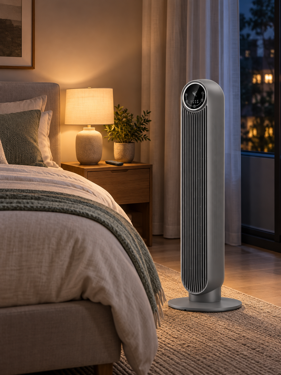 Gray bladeless tower fan in a calm bedroom at night