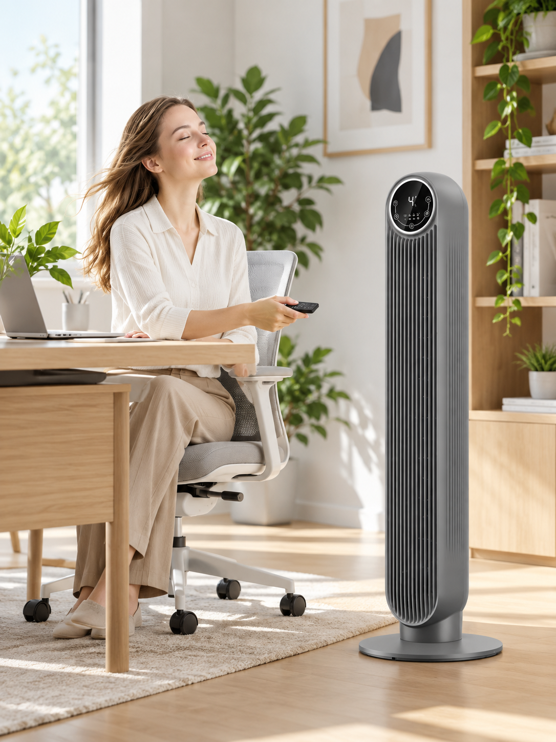 Gray bladeless tower fan in a modern home office