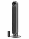 Gray bladeless tower fan with remote on a white background