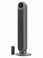 Gray bladeless tower fan with remote on a white background