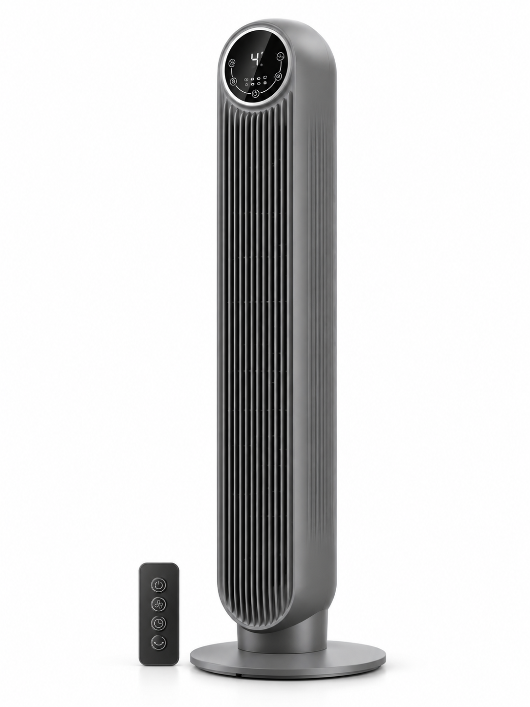Gray bladeless tower fan with remote on a white background