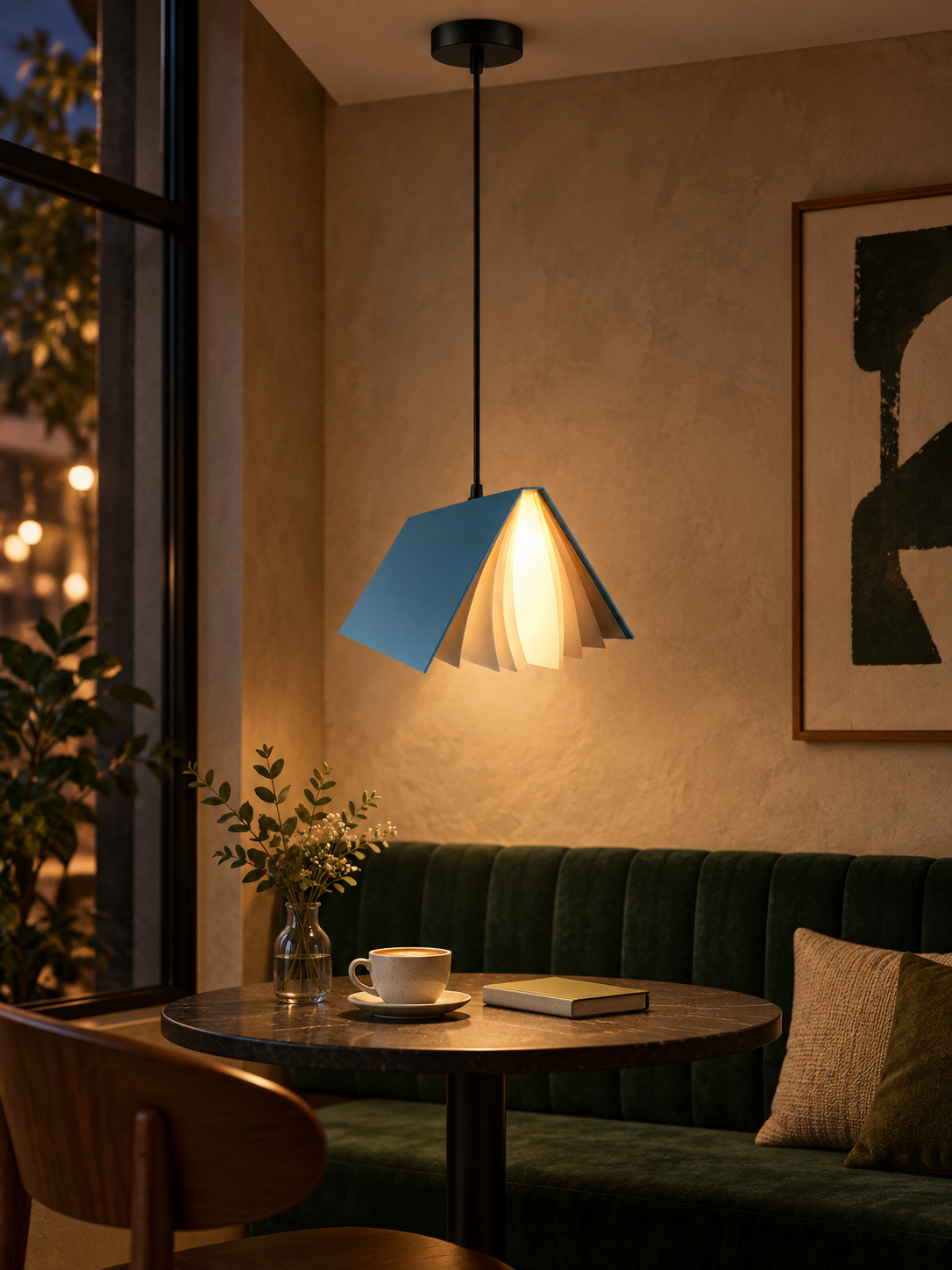 Blue flying book pendant light in a boutique cafe reading corner