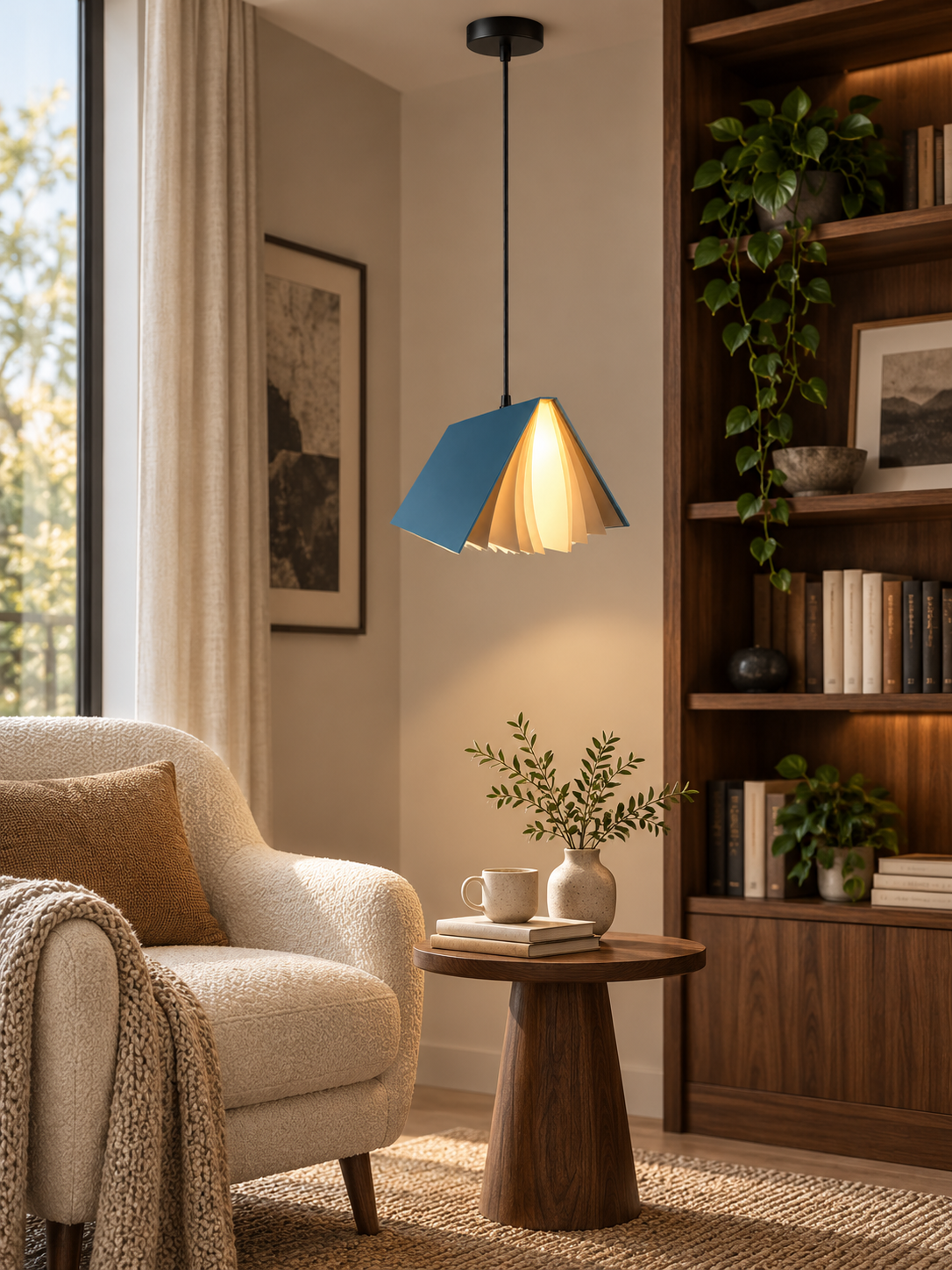 Blue flying book pendant light in a modern reading nook
