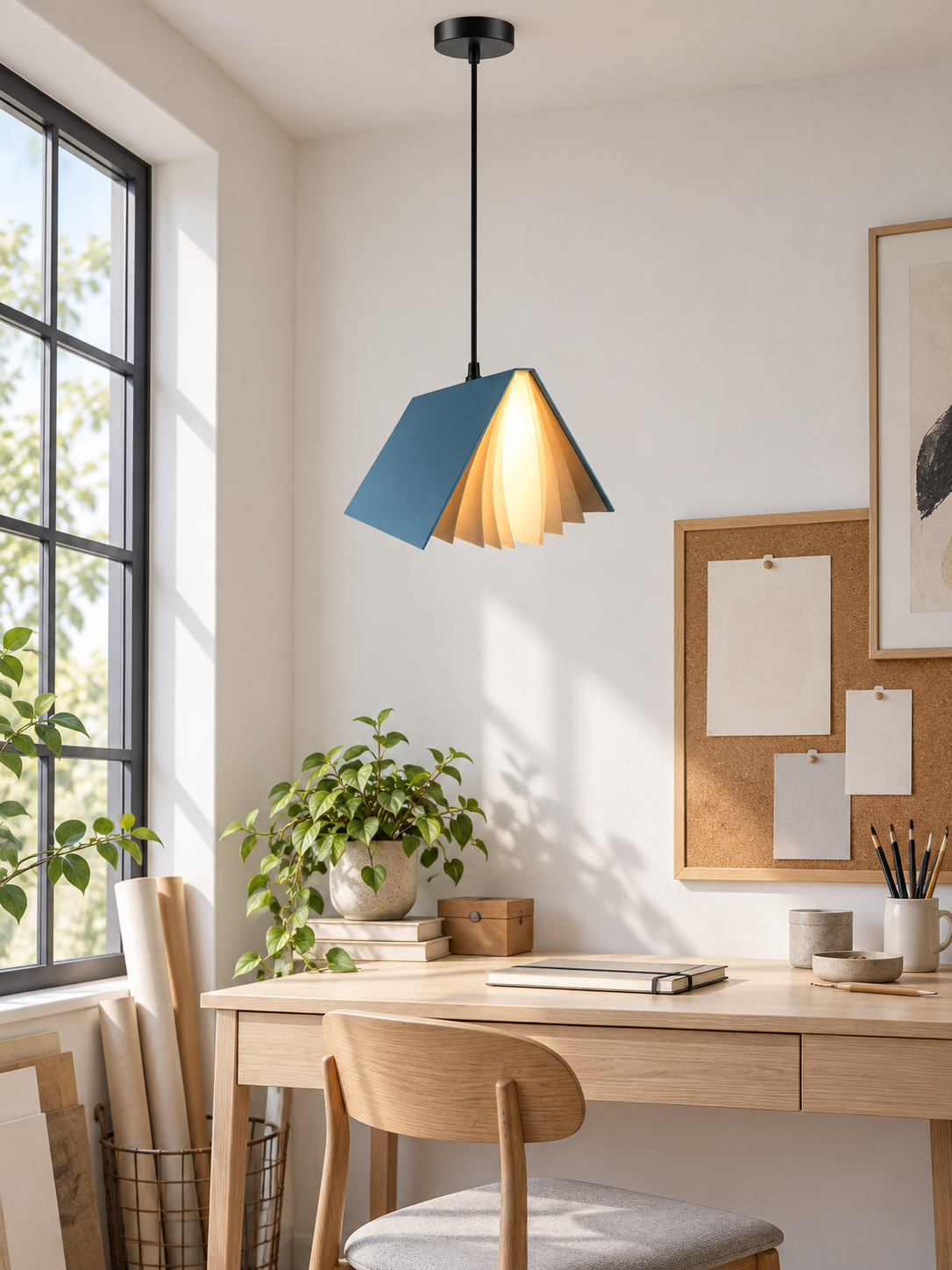Blue flying book pendant light above a creative studio desk