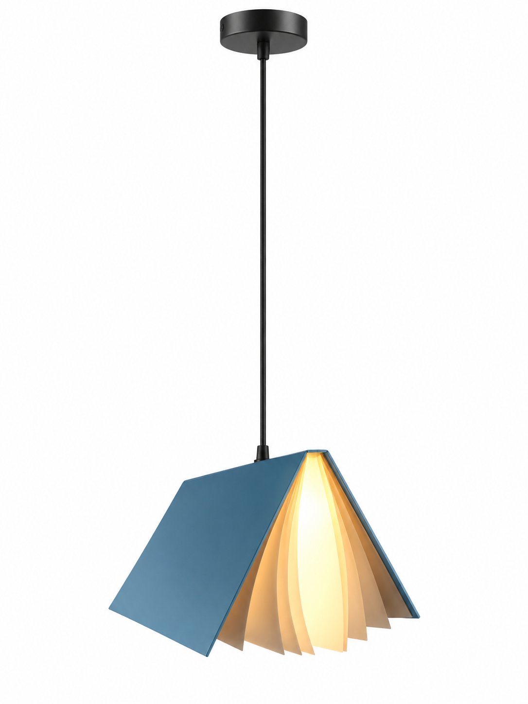 Blue flying book pendant light with ceiling canopy on white background