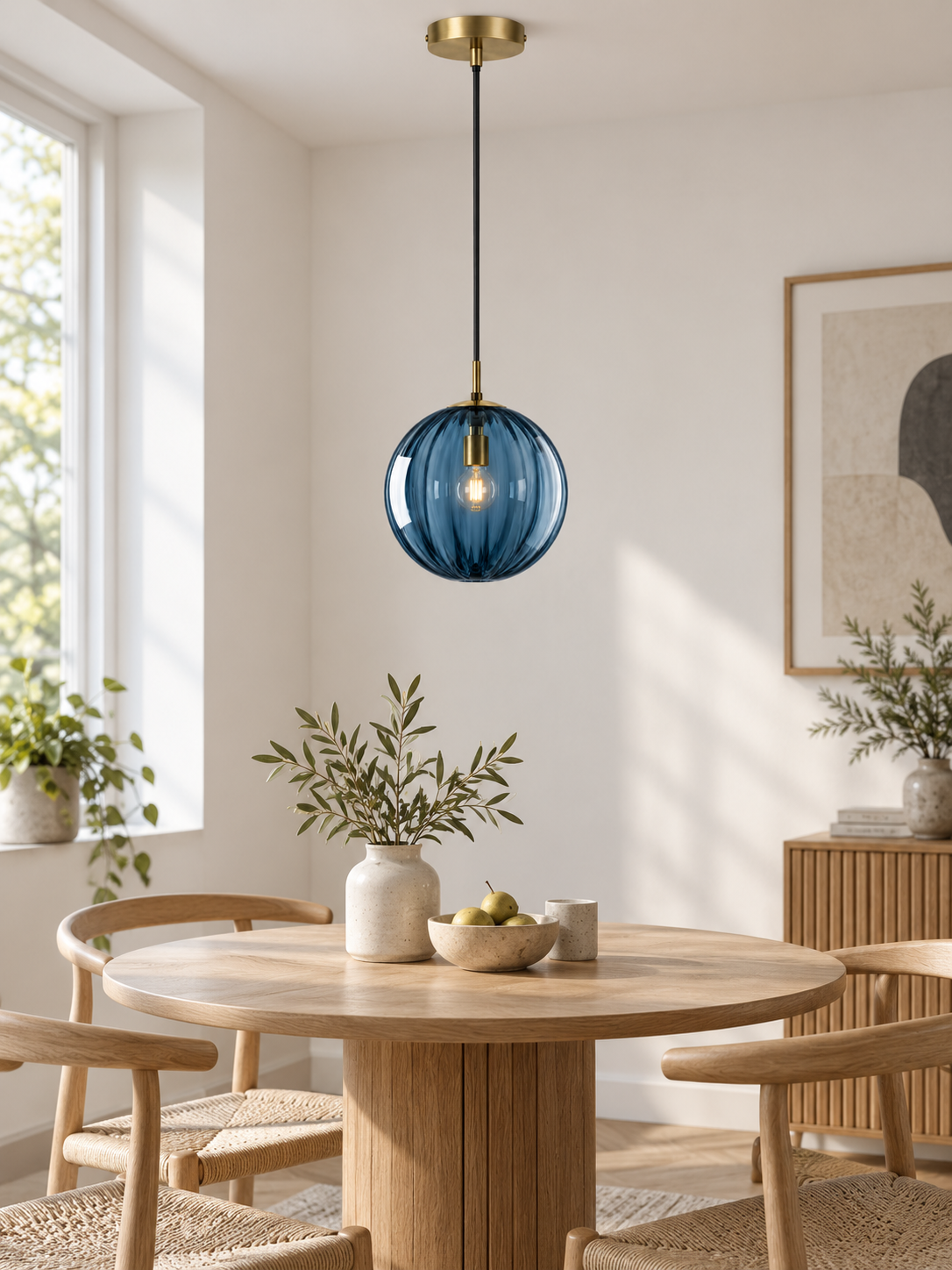 Blue ribbed glass ball pendant light over a Scandinavian dining table