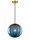 Blue ribbed glass ball pendant light with canopy on white background