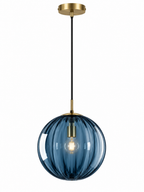 Blue ribbed glass ball pendant light with canopy on white background