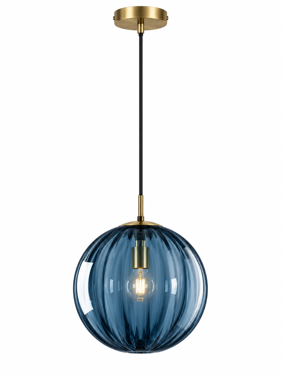 Blue ribbed glass ball pendant light with canopy on white background