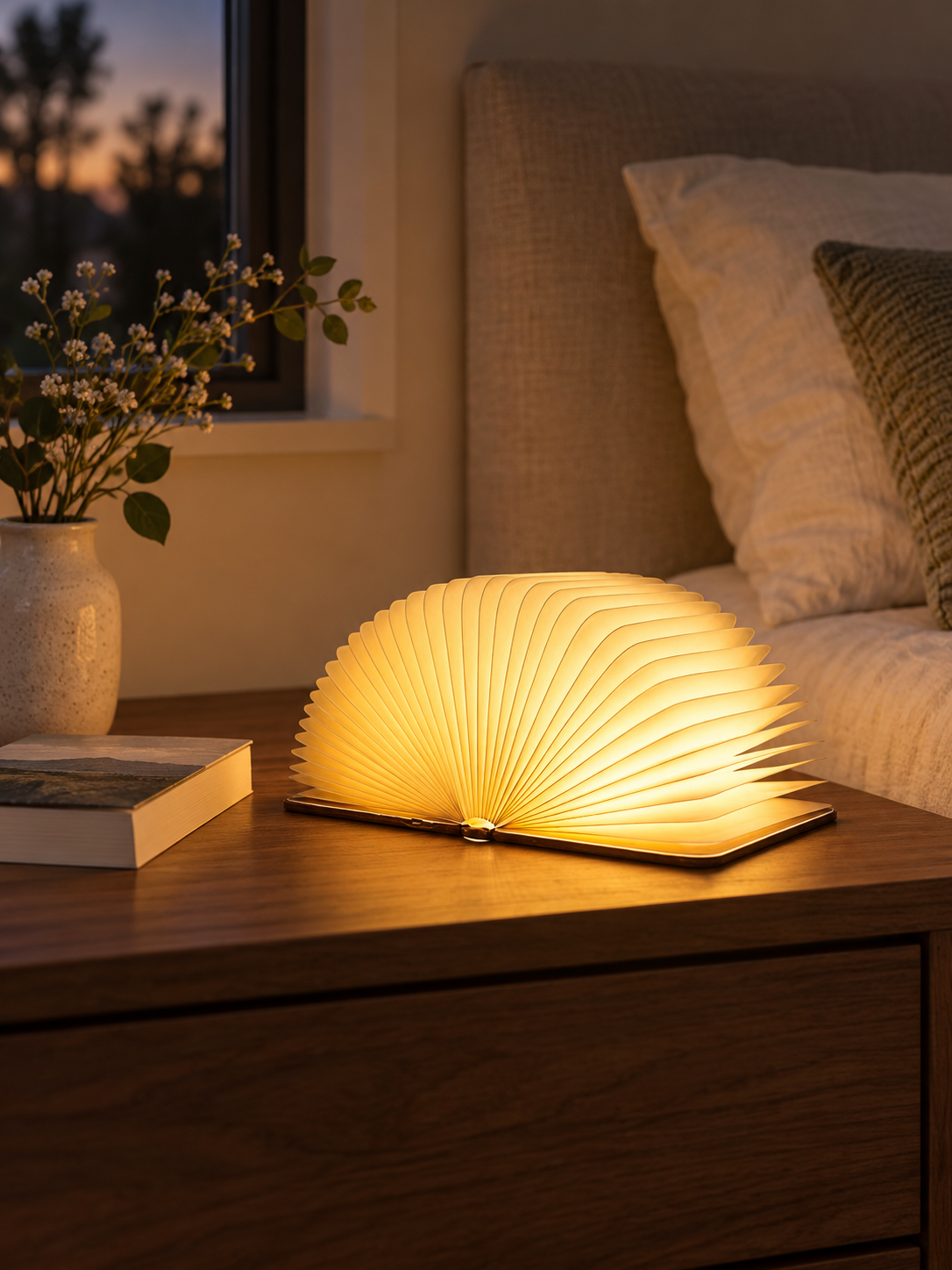 Brown foldable book lamp glowing on a bedside table