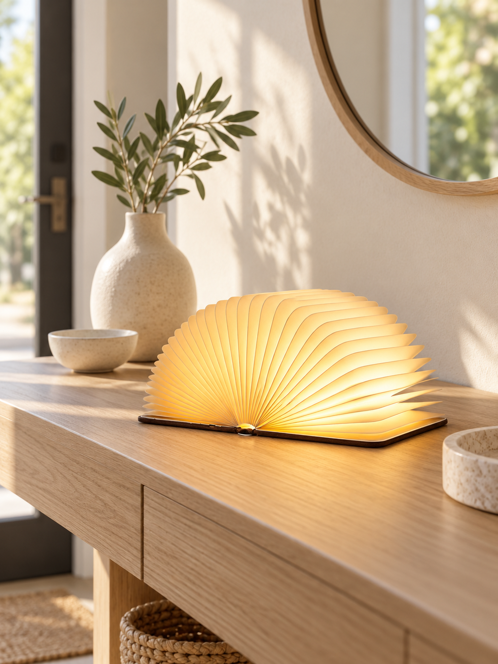 Brown foldable book lamp glowing on a modern entryway console
