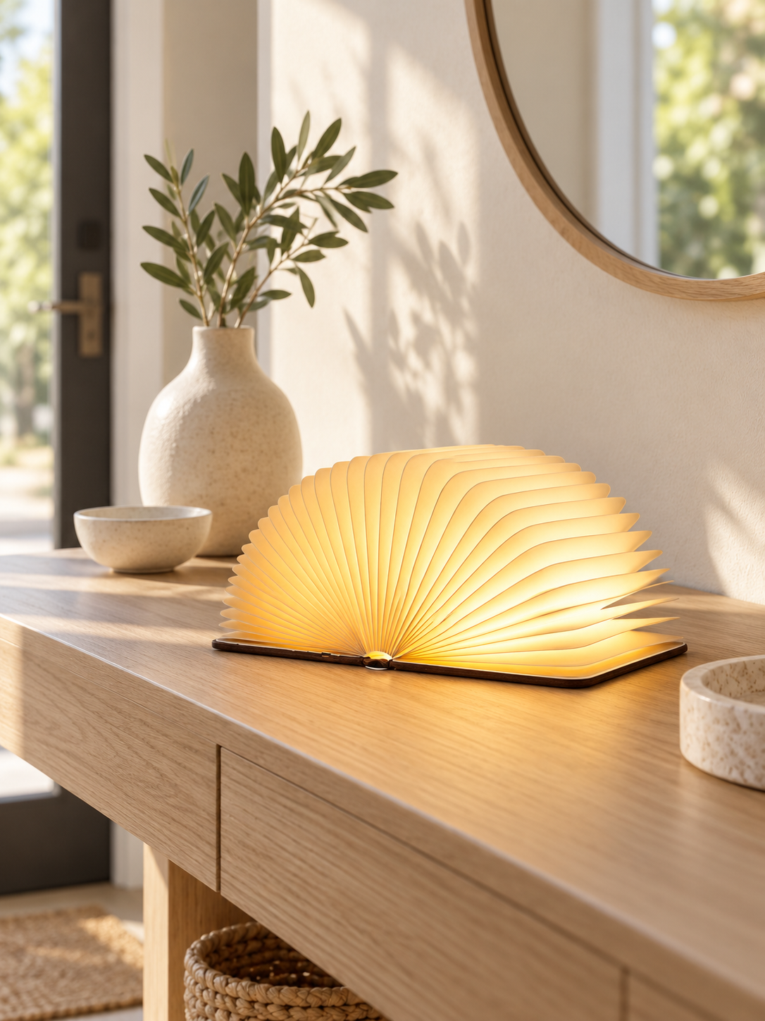 Brown foldable book lamp glowing on a modern entryway console