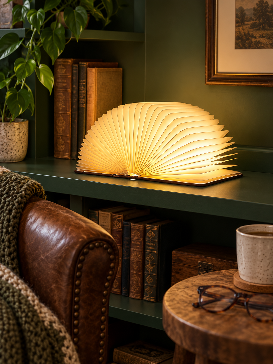Brown foldable book lamp glowing in a reading nook