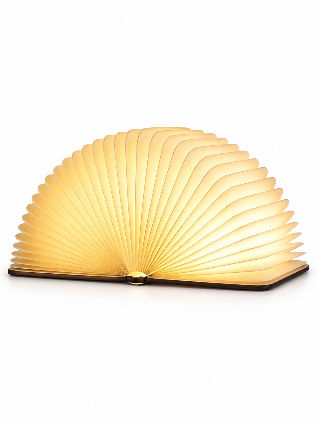 Brown foldable rechargeable book lamp open on white background