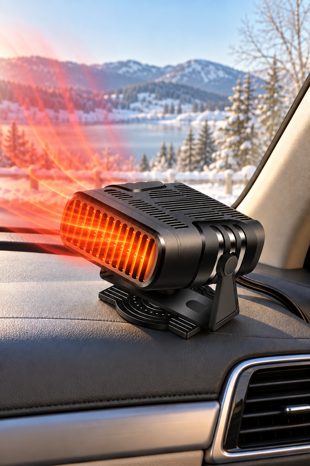 Portable Car Heater and Windshield Defroster, 12V or 24V in use with illustrative red and orange heat effect