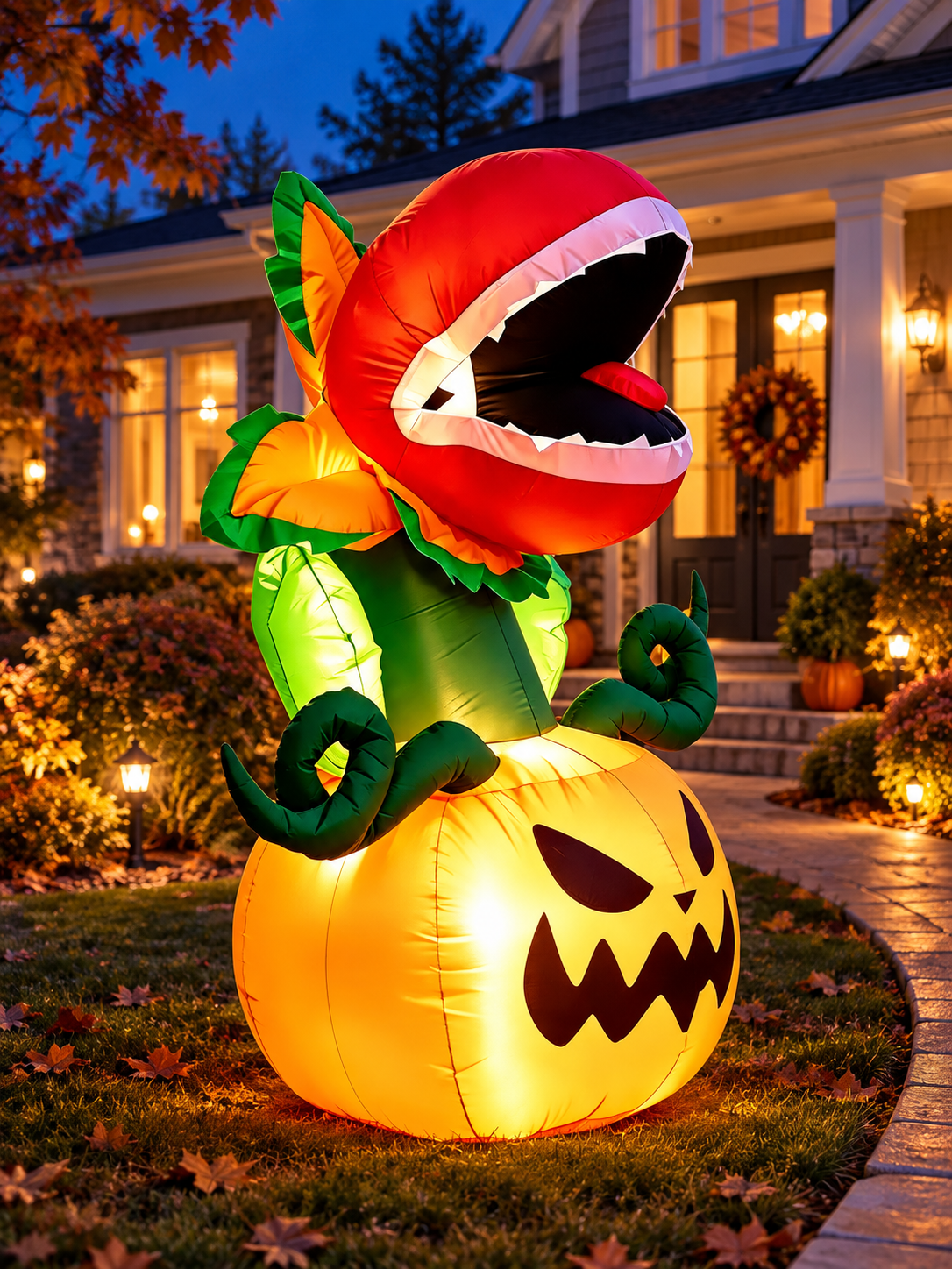 Lighted carnivorous plant and pumpkin inflatable on a suburban front lawn