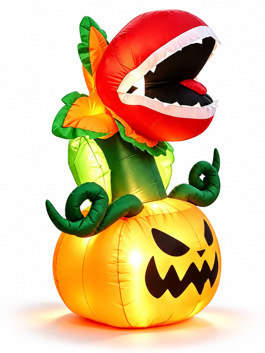 Lighted carnivorous plant and pumpkin Halloween inflatable on a seamless white background