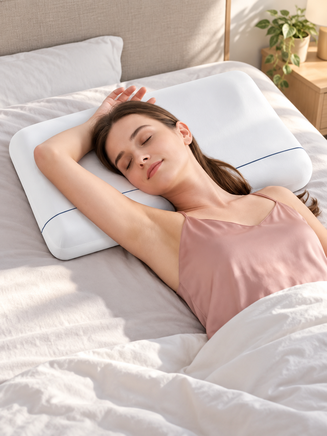 White cervical support pillow supporting a back sleeper in a bright bedroom