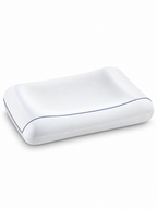 White cervical support pillow with blue piping on a seamless white background