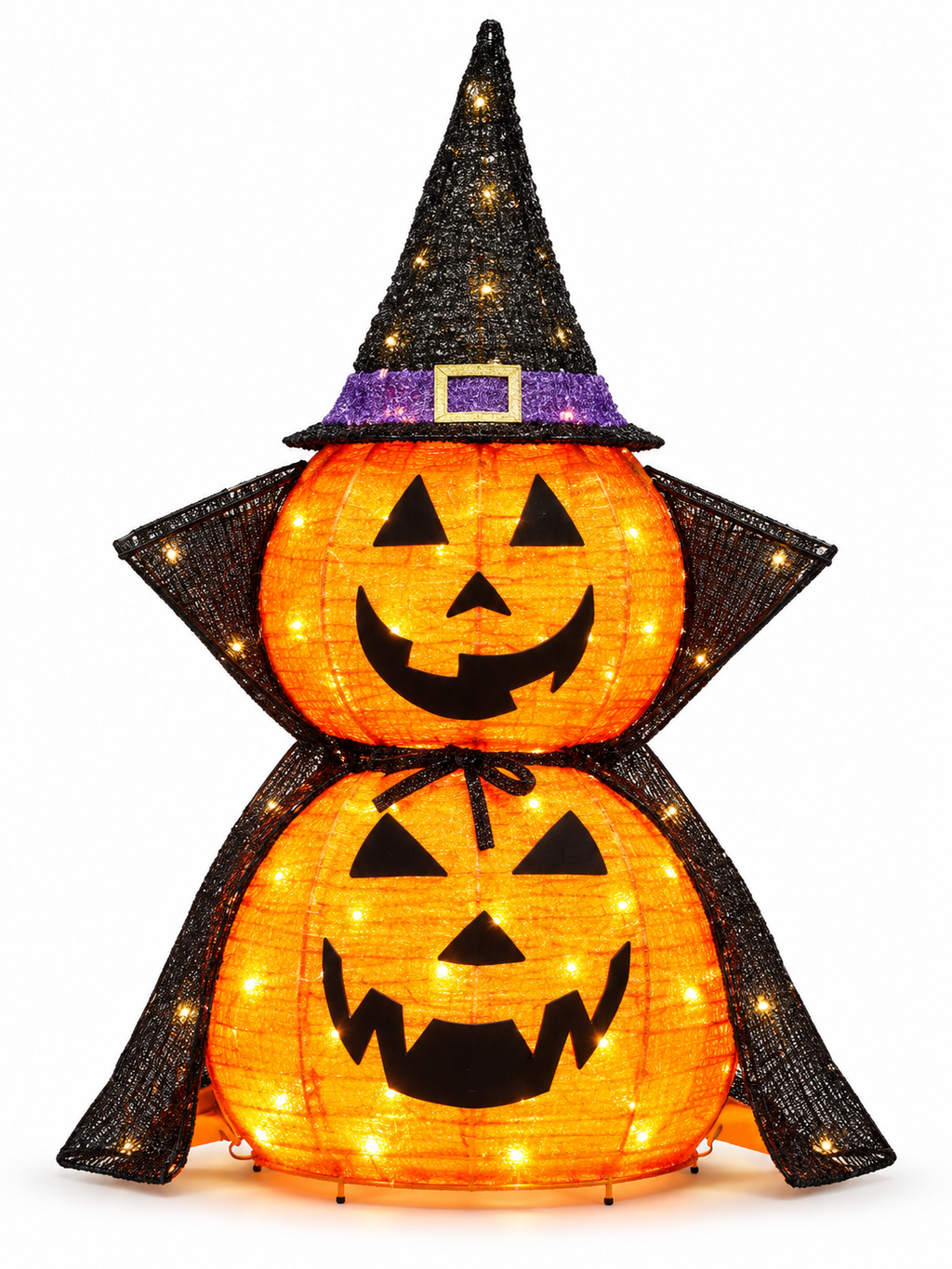 One collapsible lighted stacked pumpkin decoration on a white background