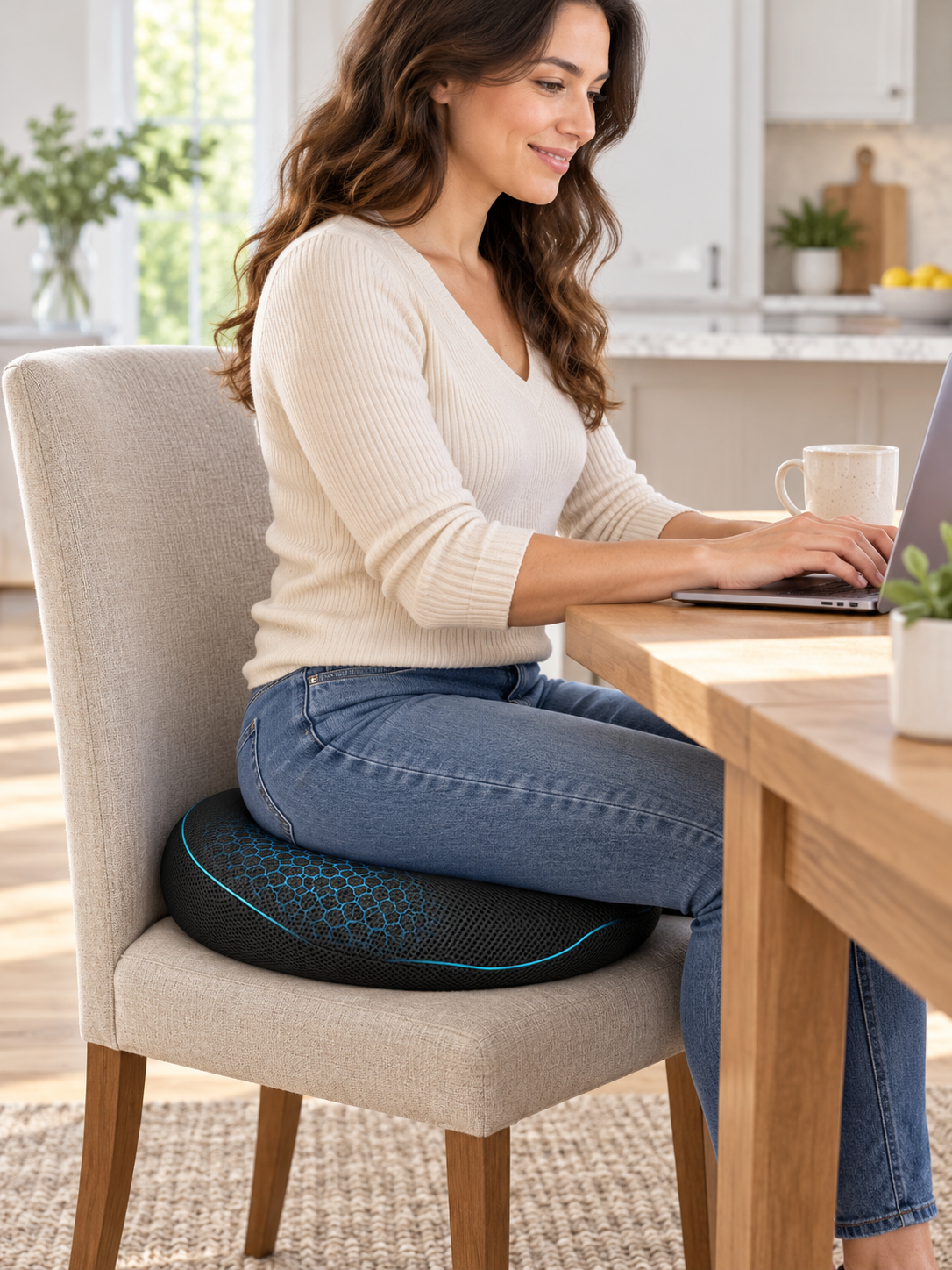 Black mesh comfort ring cushion used on a dining chair at a kitchen table