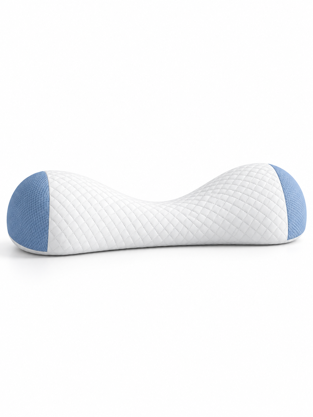 White and blue contoured lumbar pillow on a seamless white background