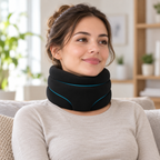 Woman wearing black contoured neck and shoulder support with blue piping
