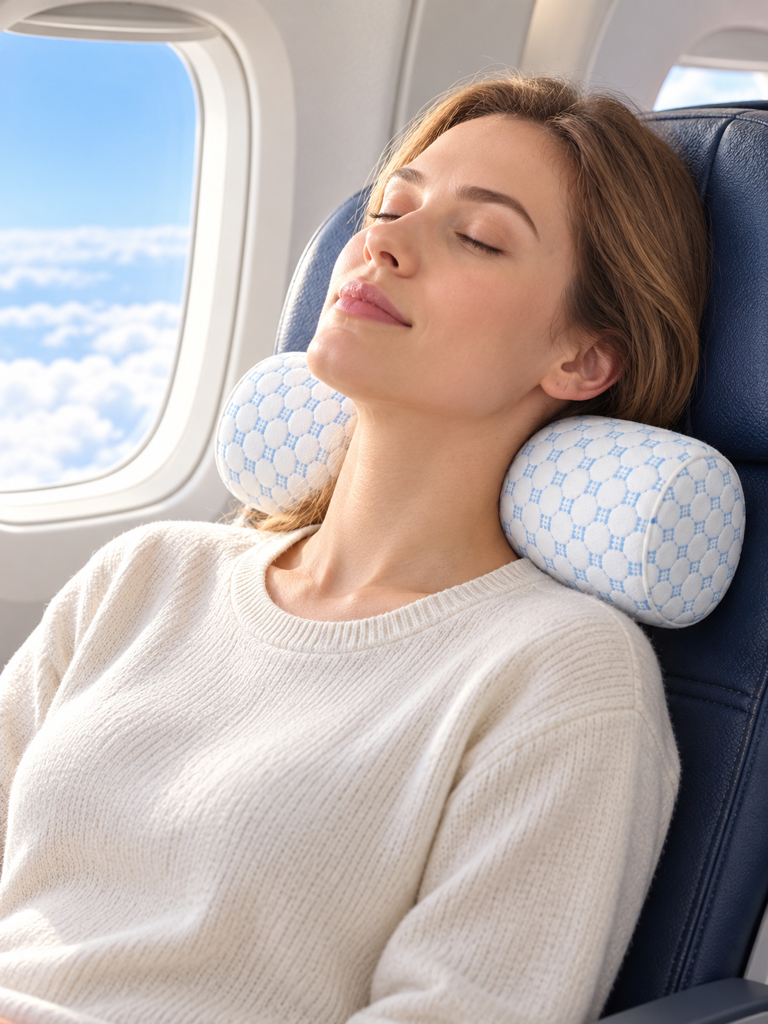 Cooling neck roll pillow supporting an adult in an airplane travel seat