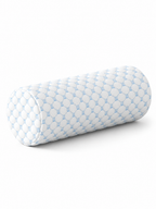 White cooling neck roll pillow with pale blue honeycomb pattern on a seamless white background