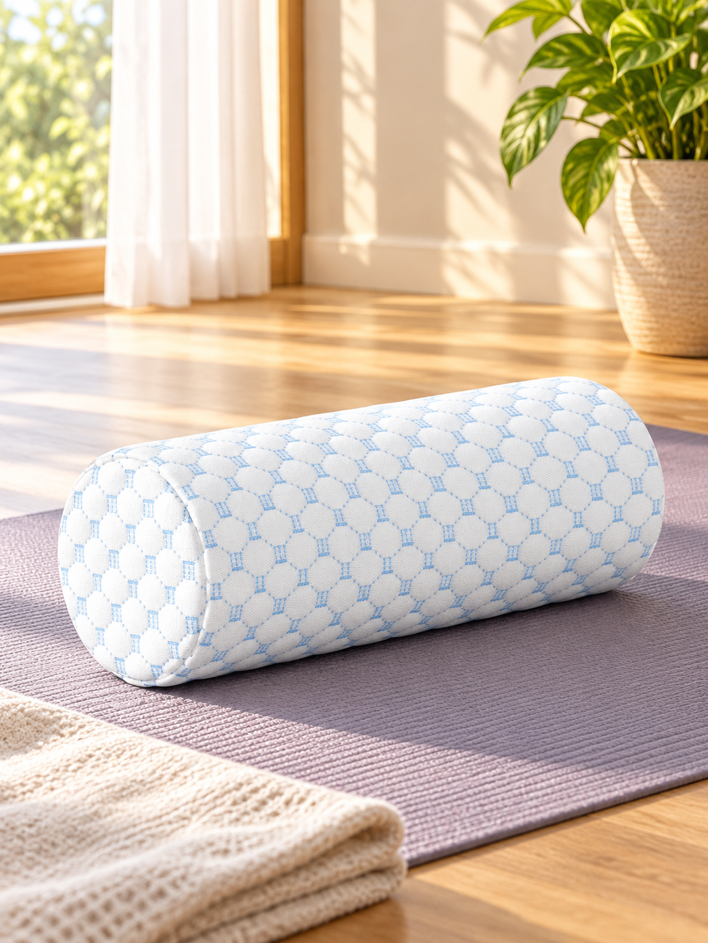 Cooling neck roll pillow placed on a yoga mat in a serene home stretching space
