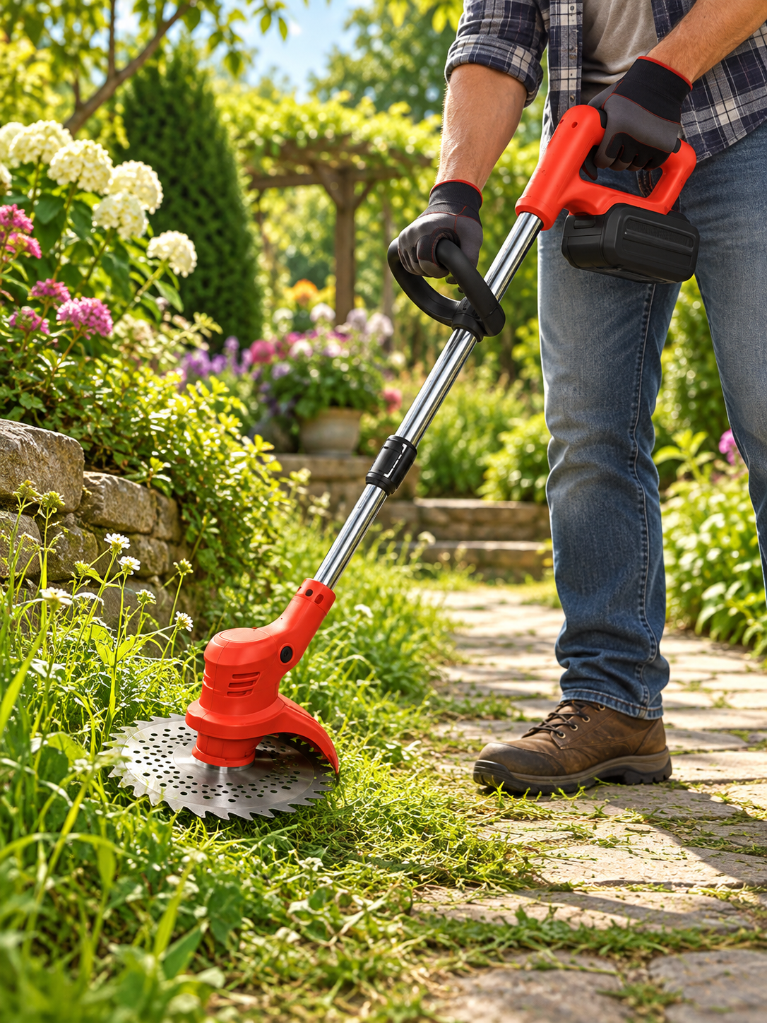 Cordless brush cutter clearing growth beside a garden path