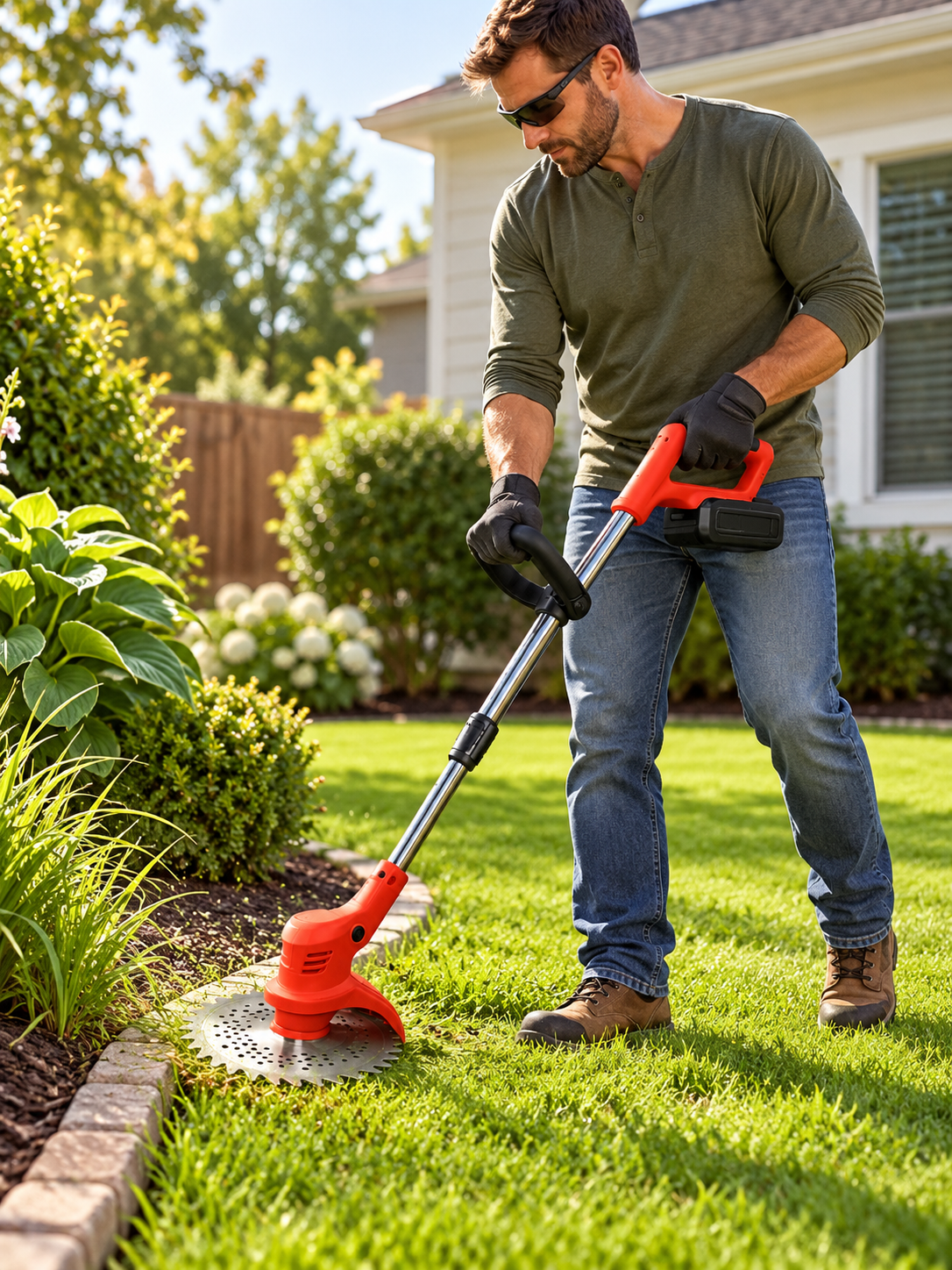 Cordless brush cutter trimming a suburban lawn edge
