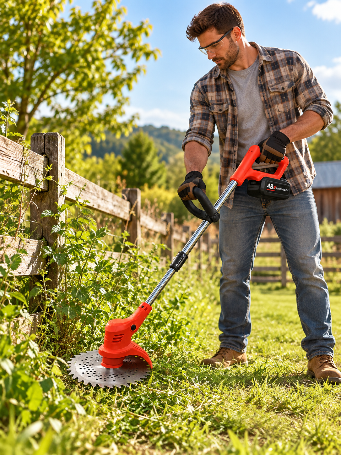 Cordless brush cutter trimming weeds beside a rural fence