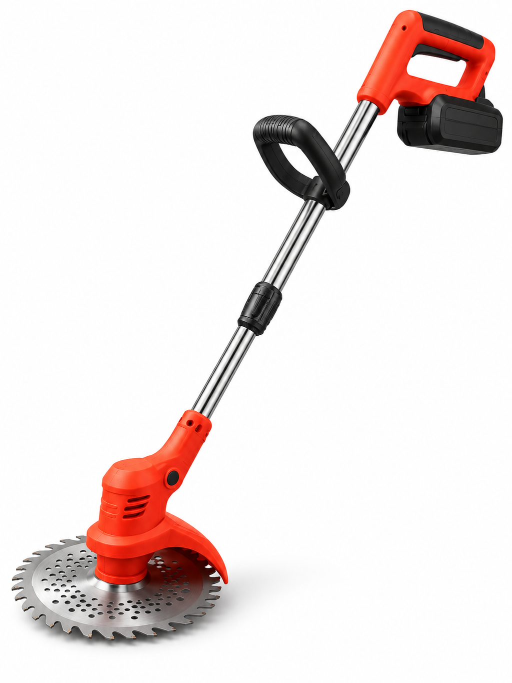 Red and black cordless brush cutter with silver toothed blade on a white background