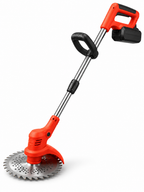 Red and black cordless brush cutter with silver toothed blade on a white background