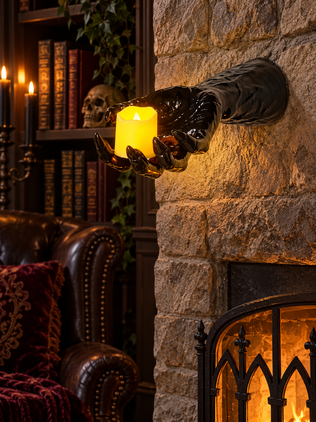 Creepy hand candle holder mounted beside a gothic fireplace