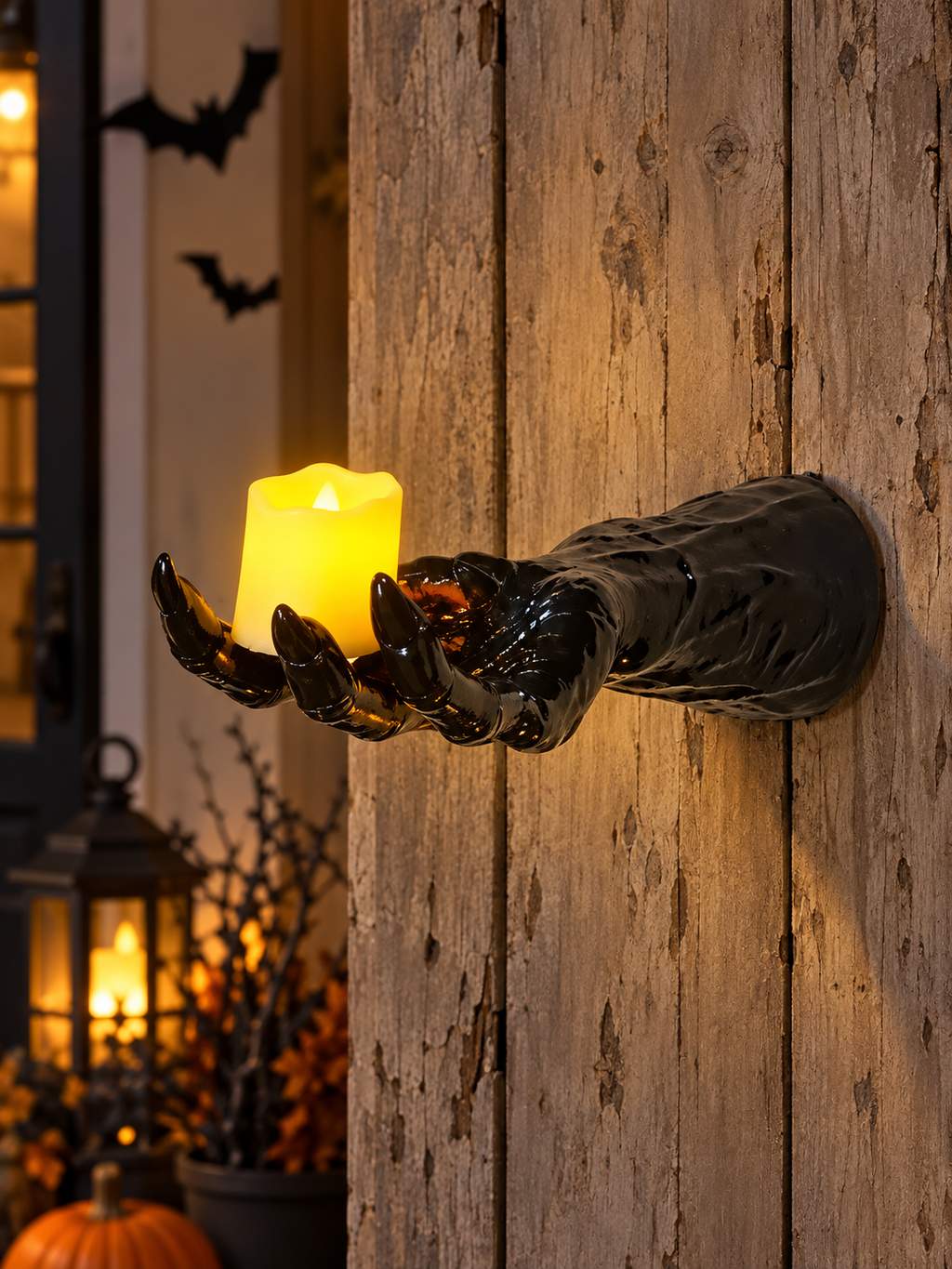 Creepy hand candle holder mounted on a rustic entryway wall