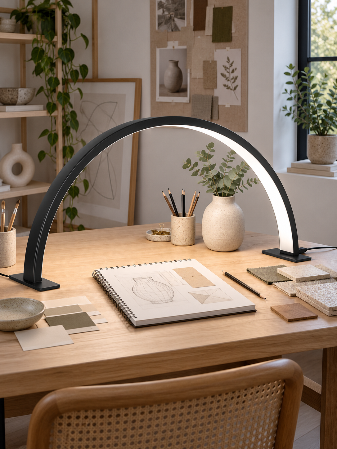 Crescent arch LED lamp on a designer desk