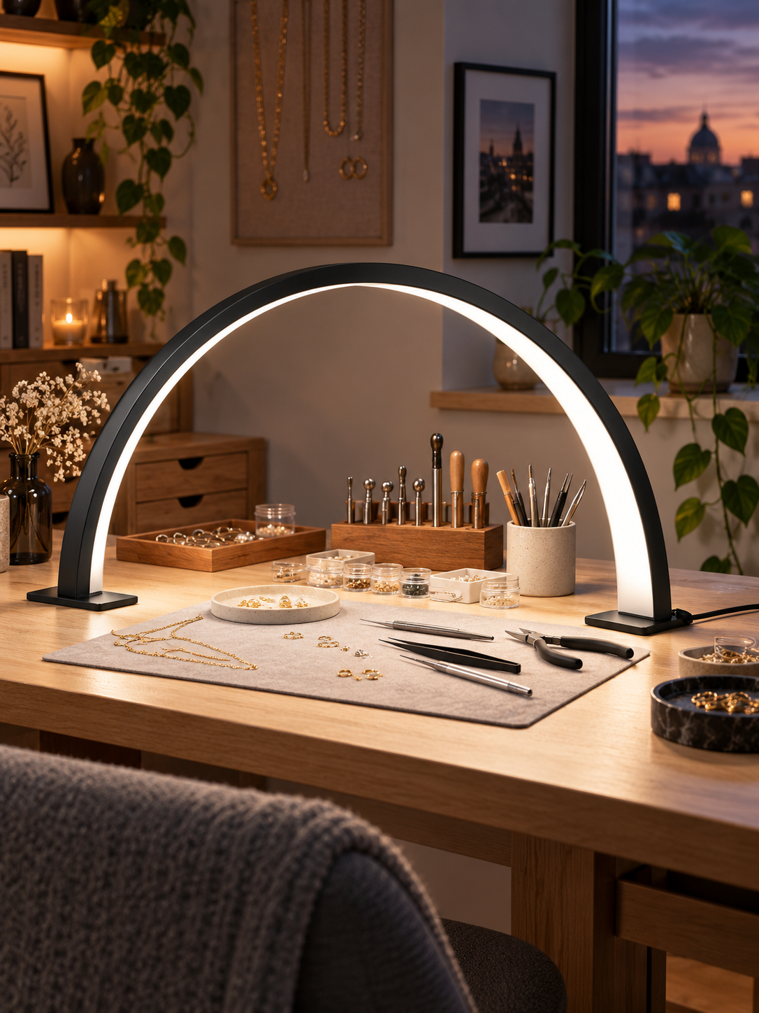 Crescent arch LED lamp over a jewelry workbench