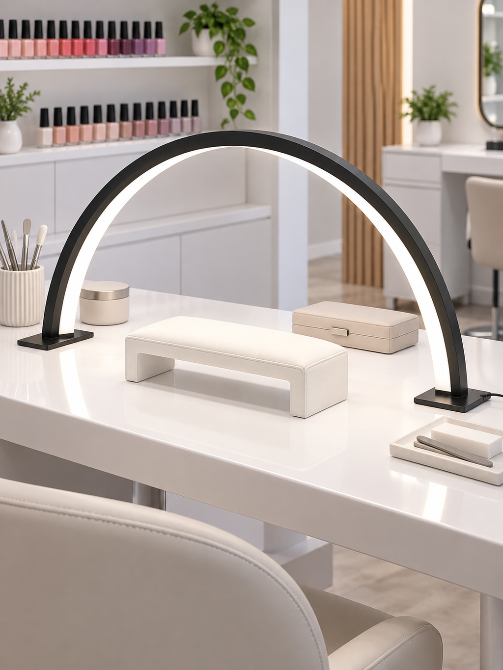 Crescent arch LED lamp over a manicure workstation