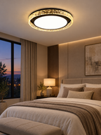 Crystal halo LED ceiling light in a warm contemporary bedroom