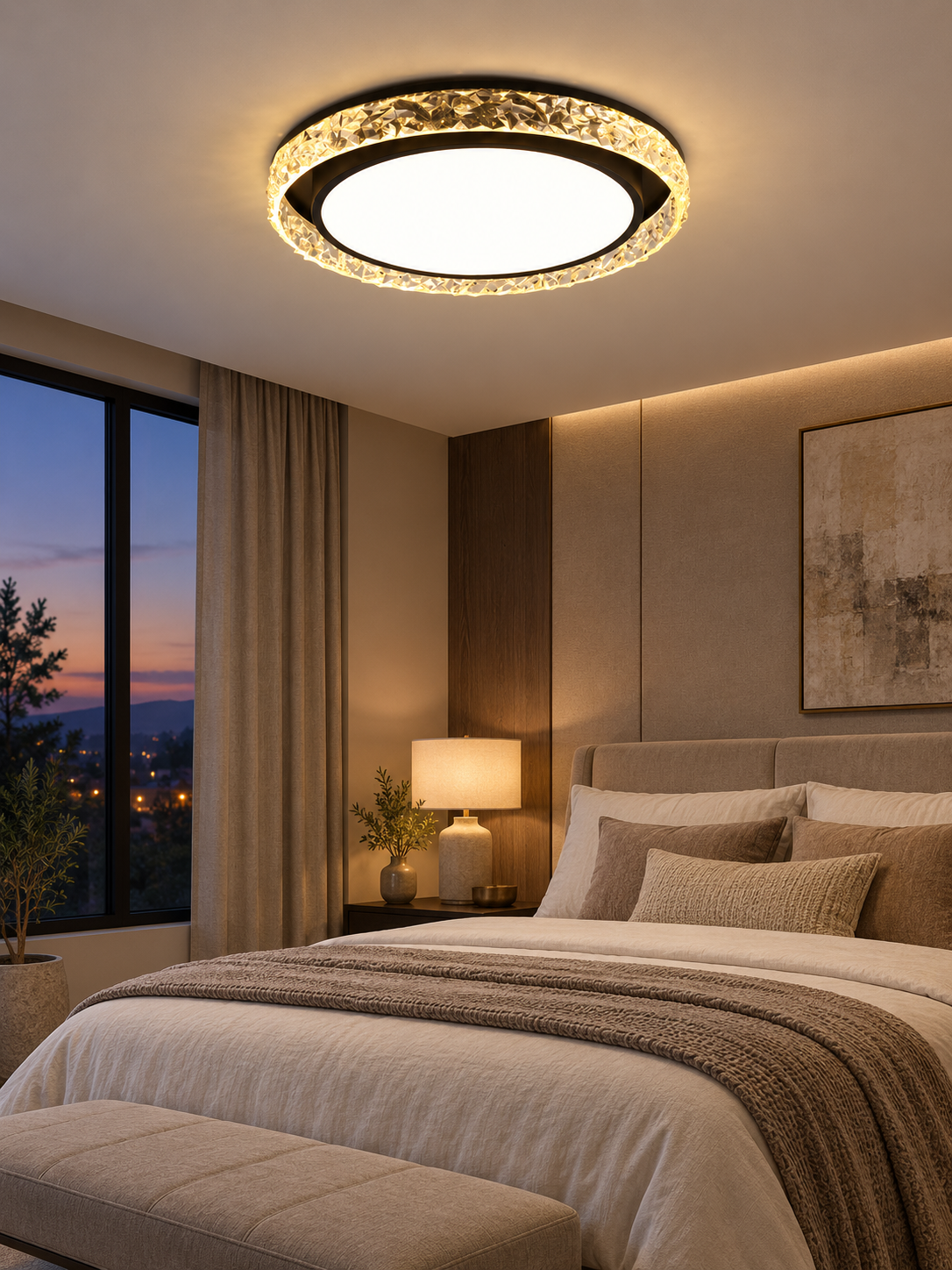 Crystal halo LED ceiling light in a warm contemporary bedroom