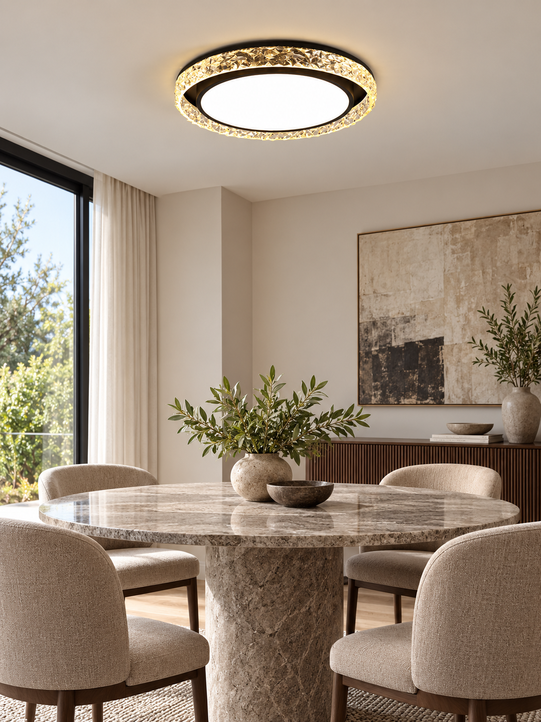 Crystal halo LED ceiling light above a refined dining room