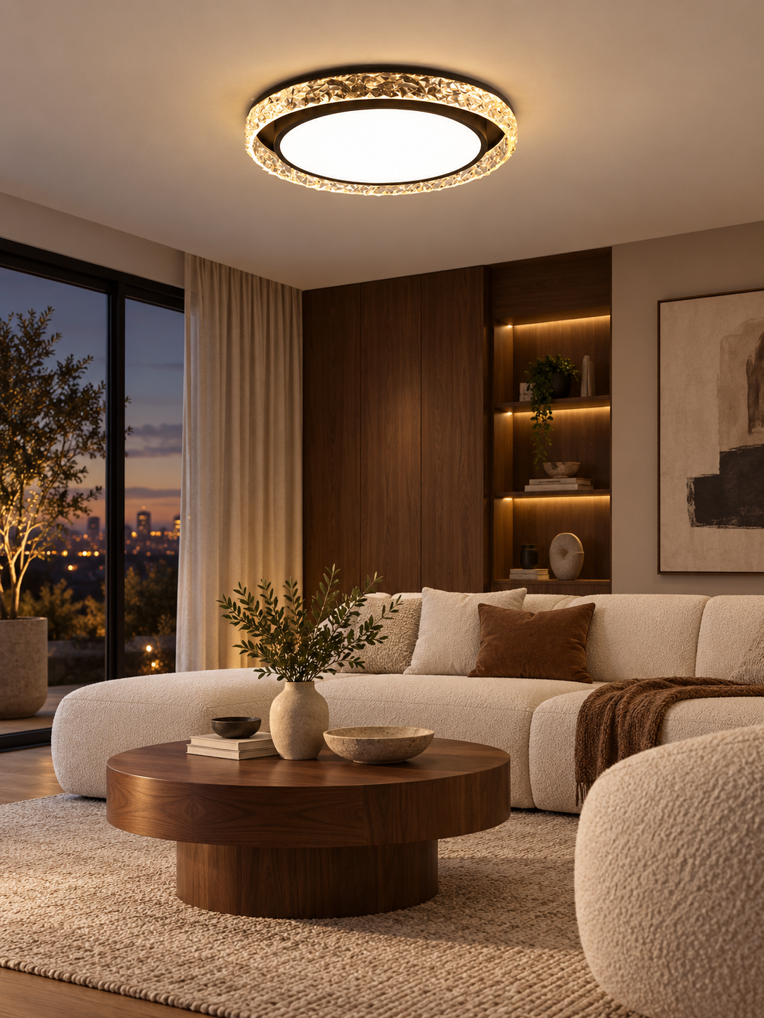 Crystal halo LED ceiling light in a contemporary living room