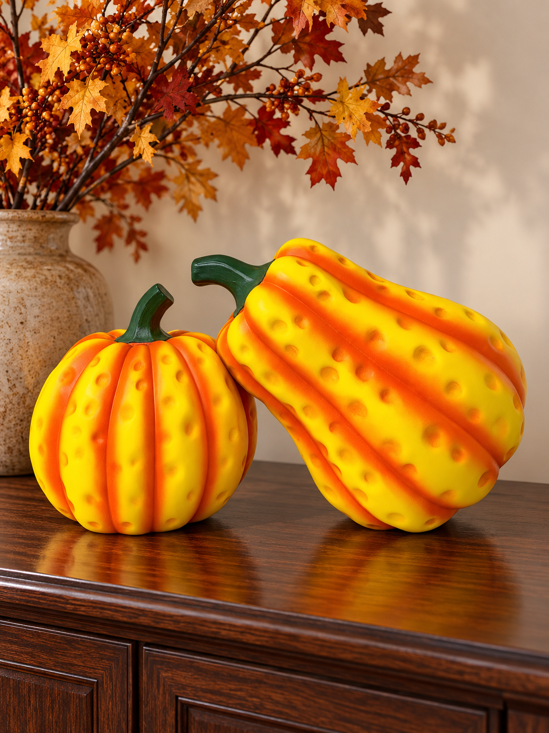 Dimpled yellow-orange pumpkin sculpture set in an autumn buffet display