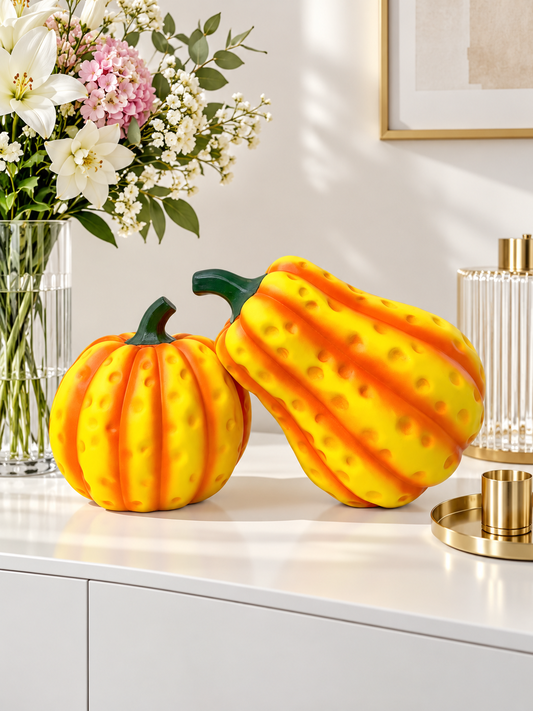 Dimpled yellow-orange pumpkin sculpture set styled on a modern sideboard